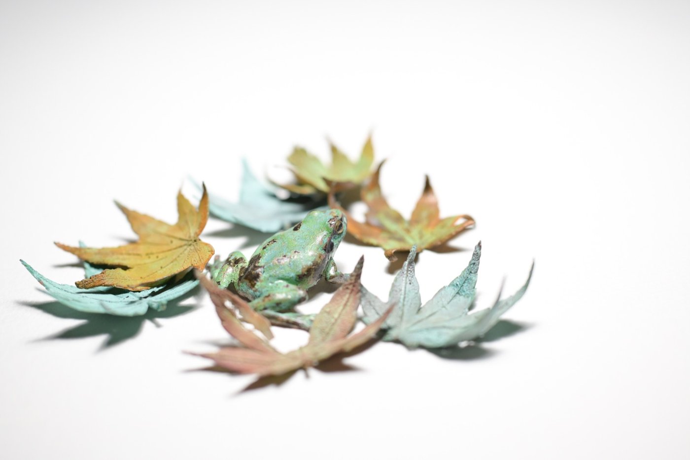 鋳金で制作したカエルと紅葉の作品「雨ノ蛙と青紅葉」