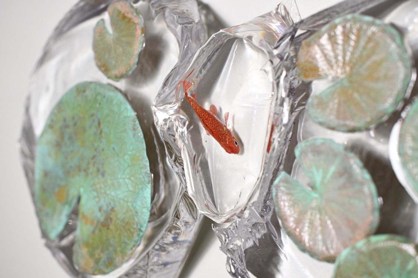 鋳金で制作した金魚と睡蓮の作品「朱色和金と姫睡蓮」